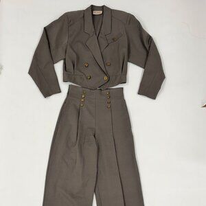 Vintage Khaki Green Cropped Blazer & High-Waist Palazzo Pants Set